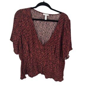 Leith womens size 2x rust henna animal print short sleeve button blouse nwt